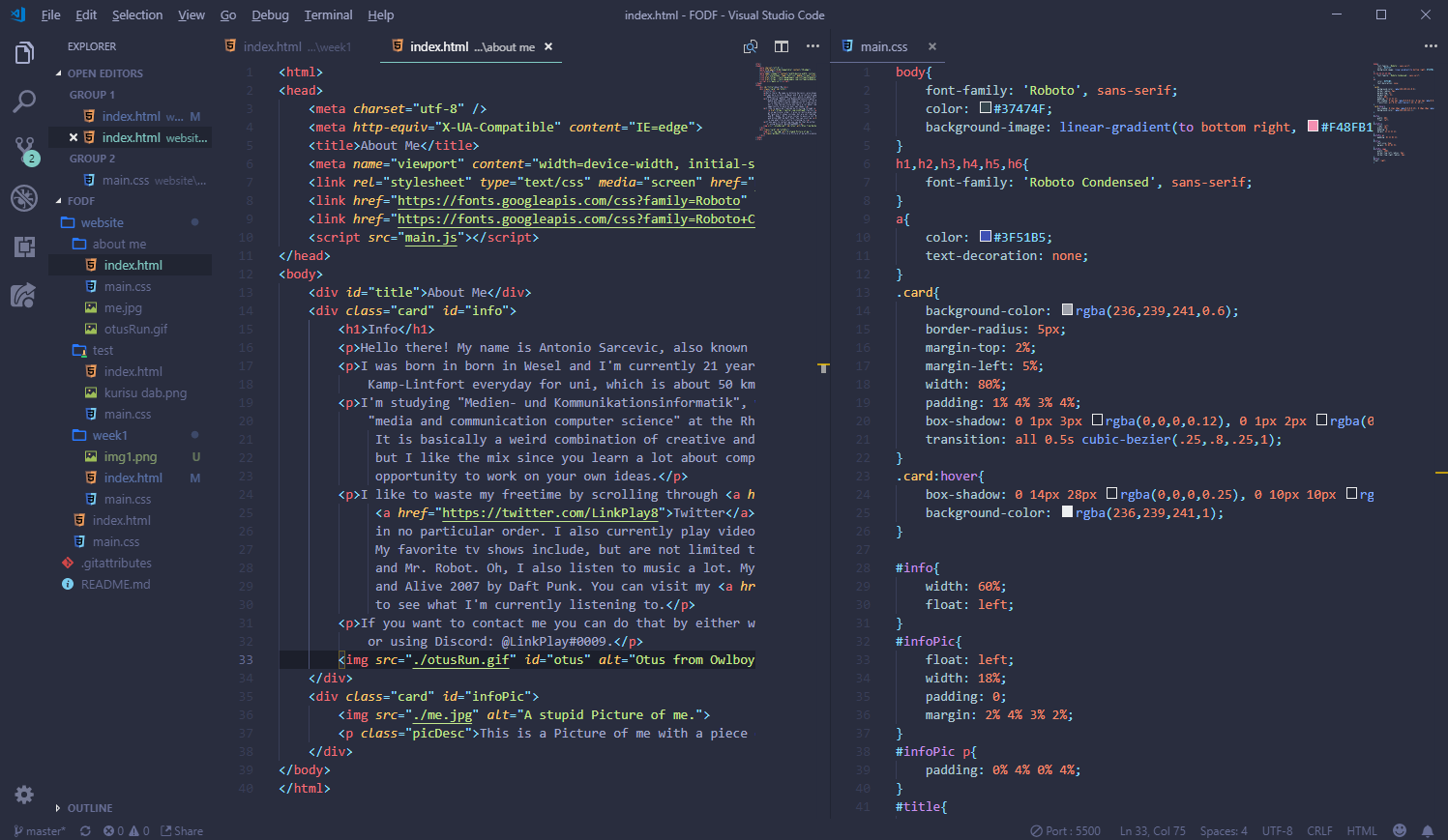 Screenshot of my code editor with the about me HTML Code open.